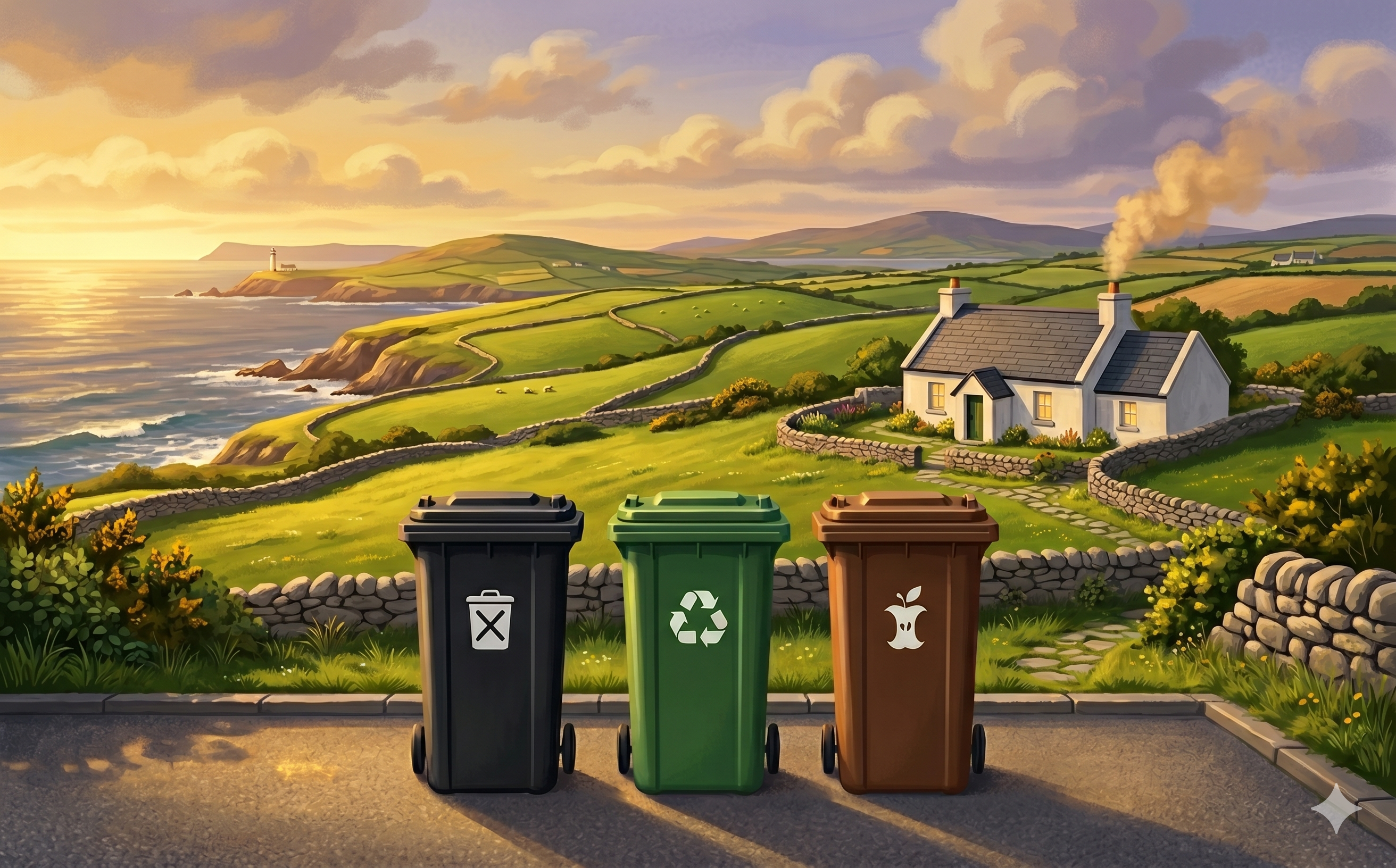 Three wheelie bins against an Irish coastal landscape
